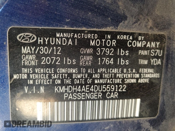 2013 Hyundai Elantra GLS with VIN KMHDH4AE4DU559122, listed as a Copart auction lot 62220825 with 183,220 mi miles and Clean title. Bid and sale history available at DreamBid. Image 12.