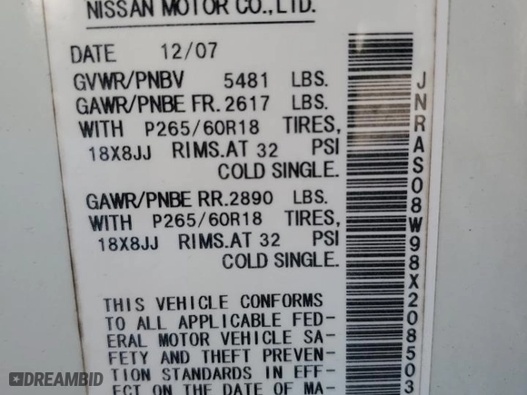2008 Infiniti FX35 with VIN JNRAS08W98X208503, listed as a Copart auction lot 51810335 with 0 mi miles and Salvage Title. Bid and sale history available at carsss.com. Image 13.