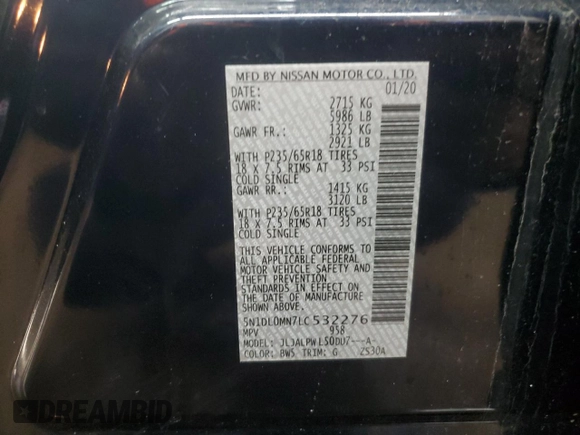 2020 Infiniti QX60 Luxe with VIN 5N1DL0MN7LC532276, listed as a Copart auction lot 50309855 with 14,951 mi miles and Salvage Title. Bid and sale history available at DreamBid. Image 12.