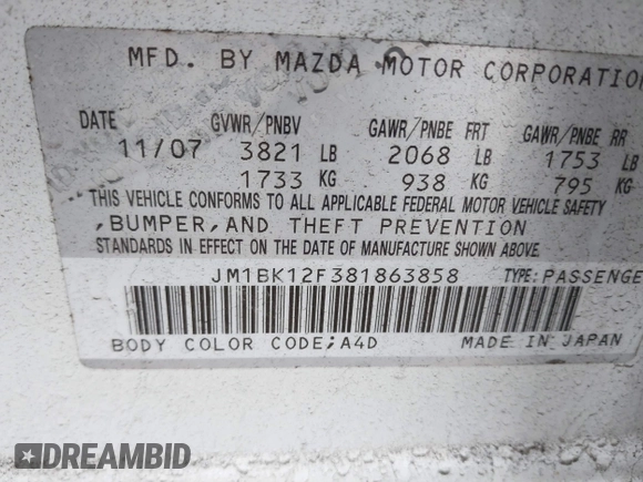 2008 Mazda 3 i Touring with VIN JM1BK12F381863858, listed as a IAAI auction lot 41692437 with Not Provided miles and . Bid and sale history available at DreamBid. Image 9.