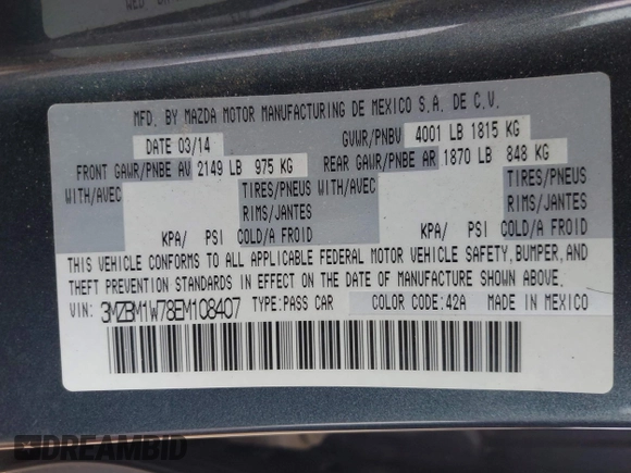 2014 Mazda 3 i Grand Touring with VIN 3MZBM1W78EM108407, listed as a IAAI auction lot 42082720 with 116,632 mi miles and . Bid and sale history available at carsss.com. Image 9.