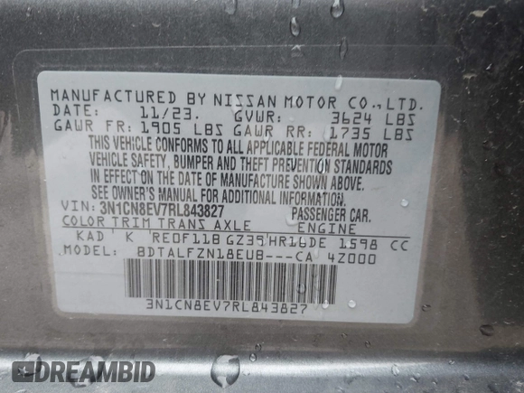 2024 Nissan Versa SV z VIN 3N1CN8EV7RL843827, wystawiony jako IAAI lot #41741043 z przebiegiem 9 062 mil mil oraz . Historia ofert i sprzedaży dostępna na DreamBid. Obrazek 9.