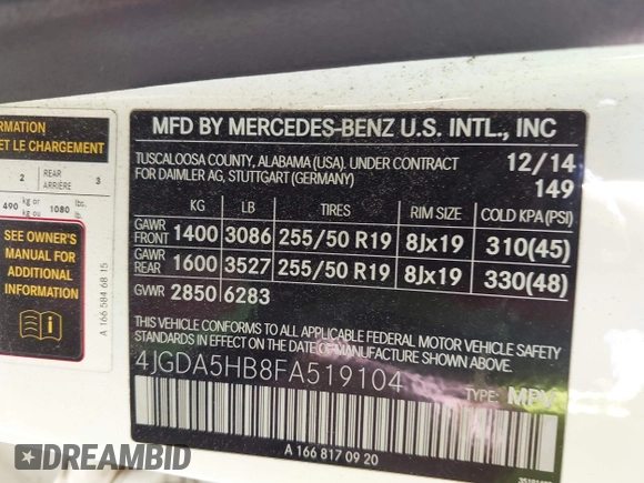 2015 Mercedes-Benz M 350 with VIN 4JGDA5HB8FA519104, listed as a IAAI auction lot 42580198 with 133,326 mi miles and . Bid and sale history available at DreamBid. Image 9.