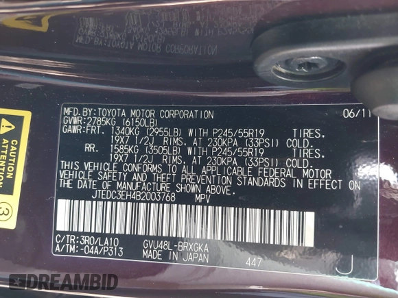 2011 Toyota Highlander Hybrid Limited with VIN JTEDC3EH4B2003768, listed as a IAAI auction lot 41765885 with 169,289 mi miles. Bid and sale history available at carsss.com. Image 9.