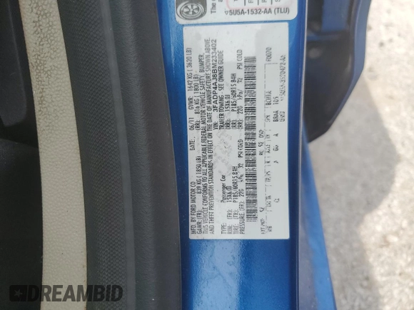 2011 Ford Fiesta S with VIN 3FADP4AJ8BM233402, listed as a Copart auction lot 60784705 with Not provided miles and Clean title. Bid and sale history available at DreamBid. Image 12.