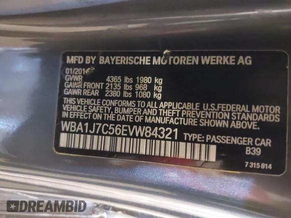 2014 BMW 2 Series M235i with VIN WBA1J7C56EVW84321, listed as a IAAI auction lot 41341382 with 158,444 mi miles and . Bid and sale history available at carsss.com. Image 9.