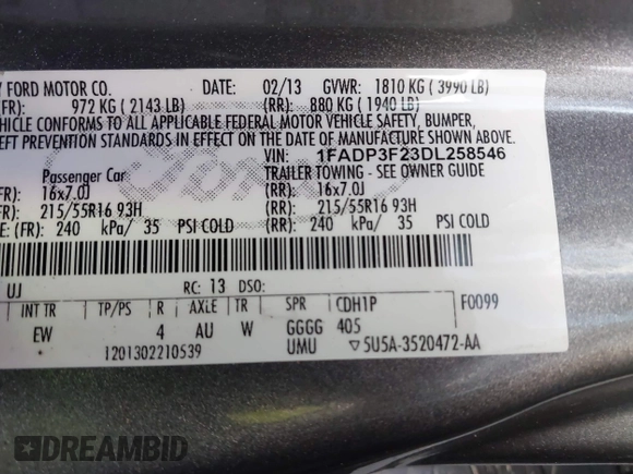 2013 Ford Focus SE with VIN 1FADP3F23DL258546, listed as a IAAI auction lot 41884513 with 156,775 mi miles. Bid and sale history available at carsss.com. Image 9.