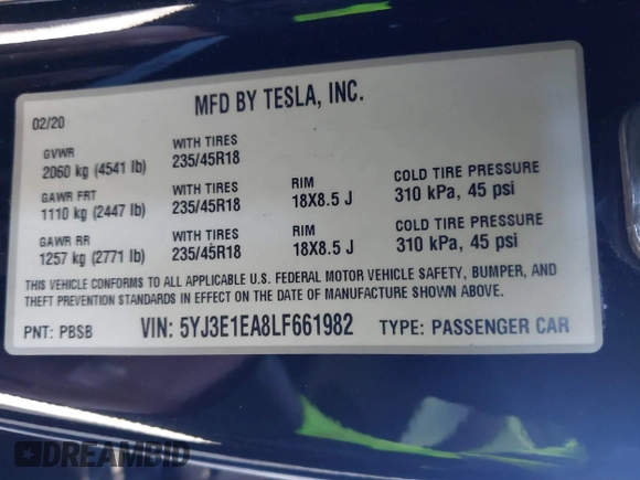 2020 Tesla Model 3 Standard Range Plus with VIN 5YJ3E1EA8LF661982, listed as a IAAI auction lot 41700109 with 30,271 mi miles and . Bid and sale history available at DreamBid. Image 9.