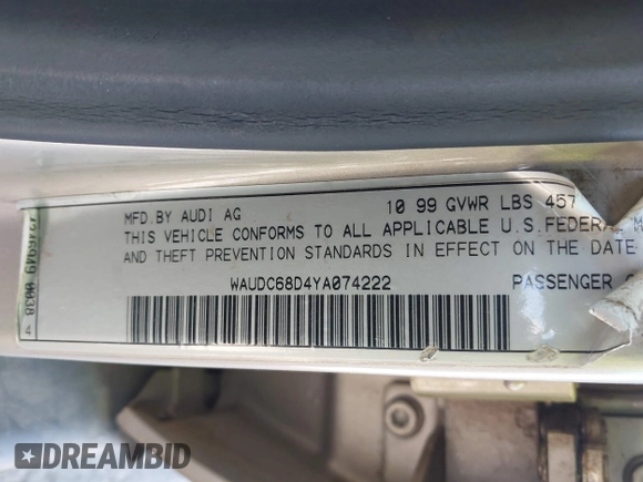 2000 Audi A4 with VIN WAUDC68D4YA074222, listed as a IAAI auction lot 42553114 with 102,815 mi miles and . Bid and sale history available at DreamBid. Image 9.