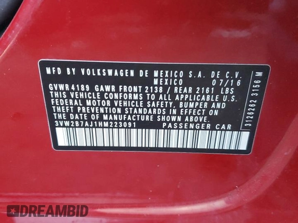 2017 Volkswagen Jetta S с VIN 3VW2B7AJ1HM223091, выставлен на аукционе Copart как лот 41573245 с пробегом 115 093 миль миль и Списание • Salvage title. История ставок и продаж доступна на DreamBid. Изображение 12.