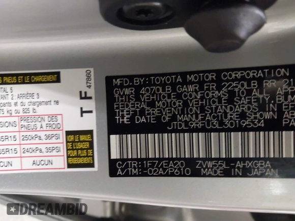 2020 Toyota Prius LE with VIN JTDL9RFU3L3019534, listed as a IAAI auction lot 41700624 with 47,923 mi miles and . Bid and sale history available at DreamBid. Image 9.