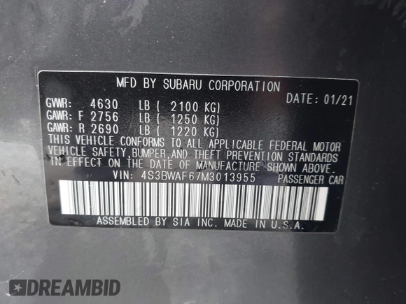 2021 Subaru Legacy Premium with VIN 4S3BWAF67M3013955, listed as a IAAI auction lot 42177463 with 93,108 mi miles and . Bid and sale history available at DreamBid. Image 9.