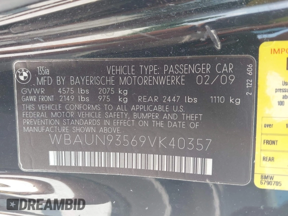 2009 BMW 1 Series 135i with VIN WBAUN93569VK40357, listed as a IAAI auction lot 42412038 with 141,944 mi miles and . Bid and sale history available at DreamBid. Image 9.