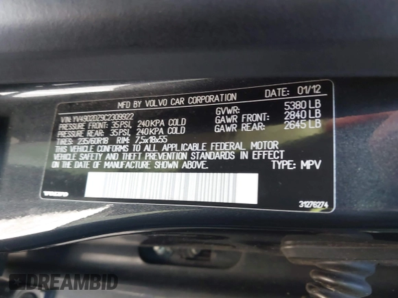 2012 Volvo XC60 3.0L with VIN YV4902DZ9C2309922, listed as a IAAI auction lot 41853170 with 121,325 mi miles. Bid and sale history available at carsss.com. Image 9.