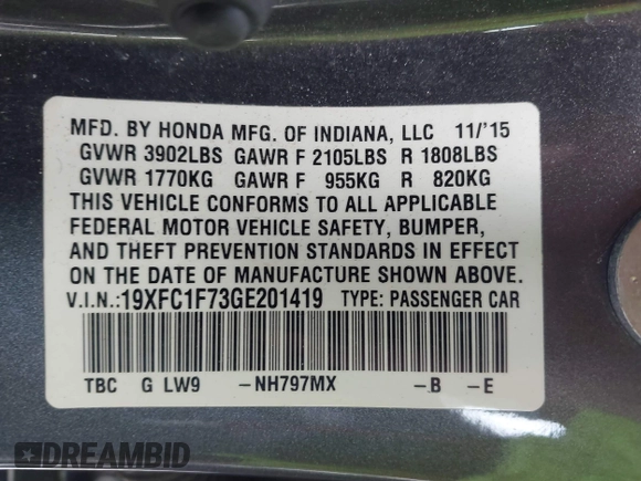 2016 Honda Civic Sedan EX-L with VIN 19XFC1F73GE201419, listed as a IAAI auction lot 42027720 with 168,134 mi miles. Bid and sale history available at carsss.com. Image 9.