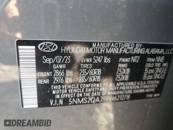 2023 Hyundai Santa Fe SEL with VIN 5NMS2DAJ9PH621278, listed as a Copart auction lot 53709935 with 12,358 mi miles and Salvage Title. Bid and sale history available at DreamBid. Image 13.