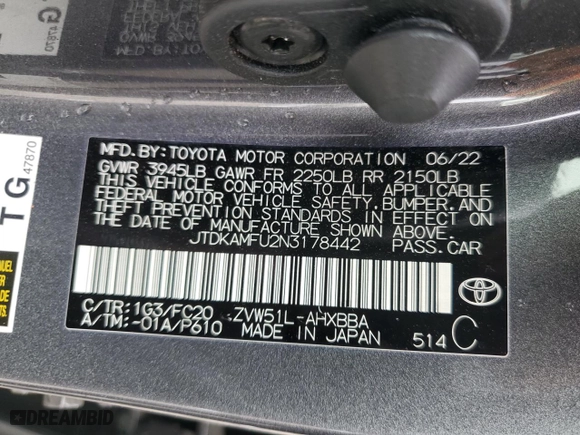 2022 Toyota Prius L Eco with VIN JTDKAMFU2N3178442, listed as a Copart auction lot 50455125 with 23,188 mi miles and Salvage Title. Bid and sale history available at carsss.com. Image 14.