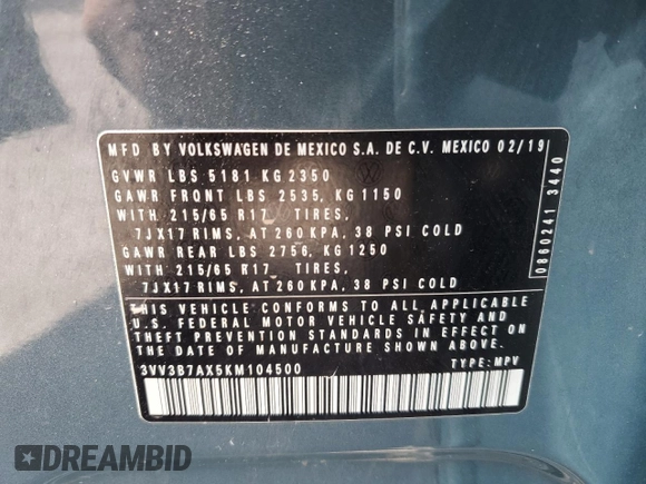 2019 Volkswagen Tiguan SE with VIN 3VV3B7AX5KM104500, listed as a Copart auction lot 50391475 with 222,608 mi miles and Salvage Title. Bid and sale history available at DreamBid. Image 15.