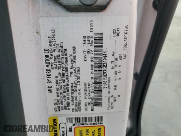 2016 Ford Fusion Titanium with VIN 3FA6P0K92GR369444, listed as a Copart auction lot 89036195 with 253,715 mi miles and Clean Title. Bid and sale history available at DreamBid. Image 12.