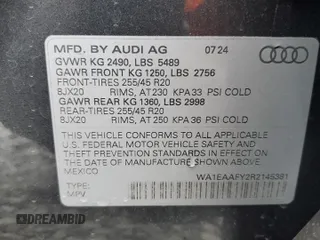 2024 Audi Q5 S line Premium Plus with VIN WA1EAAFY2R2145381, listed as a Copart auction lot 55919225 with Not provided miles and Salvage title. Bid and sale history available at DreamBid. Image 13.