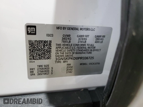 2023 Chevrolet Tahoe Z71 with VIN 1GNSKPKD0PR336725, listed as a Copart auction lot 57289895 with Not provided miles and Salvage title. Bid and sale history available at DreamBid. Image 14.