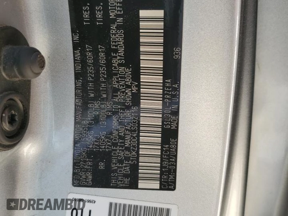 2020 Toyota Sienna LE Auto Access Seat with VIN 5TDKZ3DC4LS032116, listed as a Copart auction lot 48395595 with 100,727 mi miles and Non Repairable. Bid and sale history available at carsss.com. Image 14.