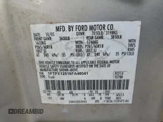 2006 Ford F-150 XLT with VIN 1FTPX12516FA48041, listed as a Copart auction lot 60739995 with 241,248 mi miles and Salvage title. Bid and sale history available at DreamBid. Image 12.