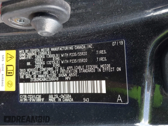 2019 Lexus RX with VIN 2T2BZMCA8KC206648, listed as a IAAI auction lot 42028389 with 93,406 mi miles. Bid and sale history available at carsss.com. Image 9.