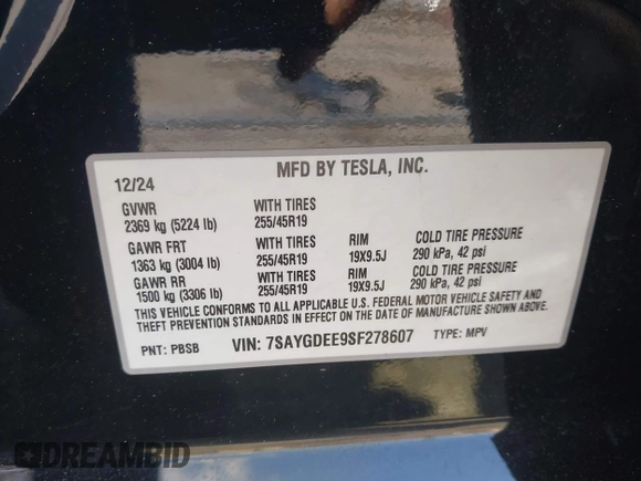 2025 Tesla Model Y Long Range with VIN 7SAYGDEE9SF278607, listed as a IAAI auction lot 41932084 with 9,667 mi miles and . Bid and sale history available at carsss.com. Image 9.