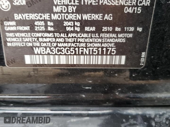 2015 BMW 3 Series 320i xDrive with VIN WBA3C3G51FNT51175, listed as a Copart auction lot 44577445 with 109,185 mi miles and Salvage Title. Bid and sale history available at carsss.com. Image 12.