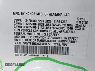 2019 Honda Passport Elite z VIN 5FNYF8H0XKB001472, wystawiony jako IAAI lot #42143890 z przebiegiem 98 119 mil mil oraz . Historia ofert i sprzedaży dostępna na DreamBid. Obrazek 9.