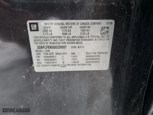 2016 Chevrolet Equinox LT with VIN 2GNFLFEK8G6236807, listed as a Copart auction lot 45941105 with 0 mi miles and Salvage Title. Bid and sale history available at carsss.com. Image 13.