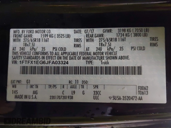 2018 Ford F-150 XL with VIN 1FTFX1EG6JFA03324, listed as a IAAI auction lot 41545755 with 98,799 mi miles. Bid and sale history available at carsss.com. Image 9.