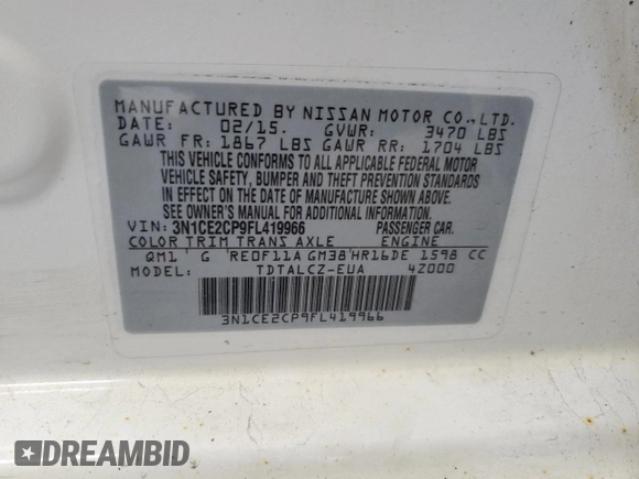 2015 Nissan Note SR with VIN 3N1CE2CP9FL419966, listed as a Copart auction lot 63014095 with 66,256 mi miles and Non repairable. Bid and sale history available at DreamBid. Image 14.
