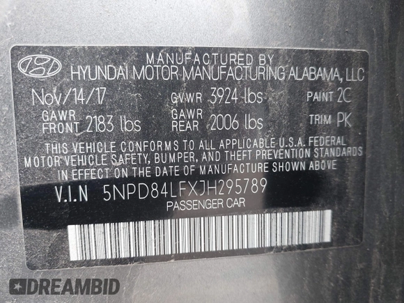 2018 Hyundai Elantra SEL with VIN 5NPD84LFXJH295789, listed as a IAAI auction lot 42070042 with 96,913 mi miles and . Bid and sale history available at DreamBid. Image 9.