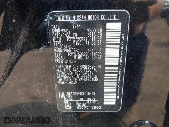 2012 Infiniti QX56 7-passenger z VIN JN8AZ2NF6C9515429, wystawiony jako IAAI lot #42419473 z przebiegiem 133 665 mil mil oraz . Historia ofert i sprzedaży dostępna na DreamBid. Obrazek 9.