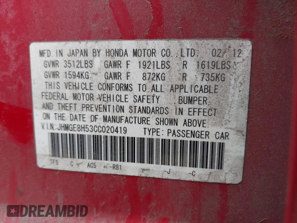 2012 Honda Fit Sport with VIN JHMGE8H53CC020419, listed as a IAAI auction lot 42135050 with 149,407 mi miles and . Bid and sale history available at DreamBid. Image 9.