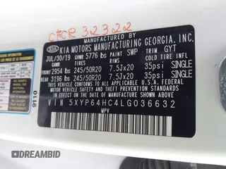 2020 Kia Telluride S with VIN 5XYP64HC4LG036632, listed as a IAAI auction lot 41734210 with 97,502 mi miles and . Bid and sale history available at carsss.com. Image 9.