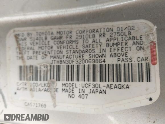 2002 Lexus LS 430 with VIN JTHBN30F320069864, listed as a IAAI auction lot 41933410 with 215,452 mi miles and . Bid and sale history available at DreamBid. Image 9.