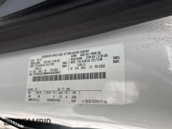2019 Ford Transit XL with VIN 1FDZX2CM0KKA63891, listed as a Copart auction lot 47981255 with Not provided miles and Clean title. Bid and sale history available at DreamBid. Image 10.