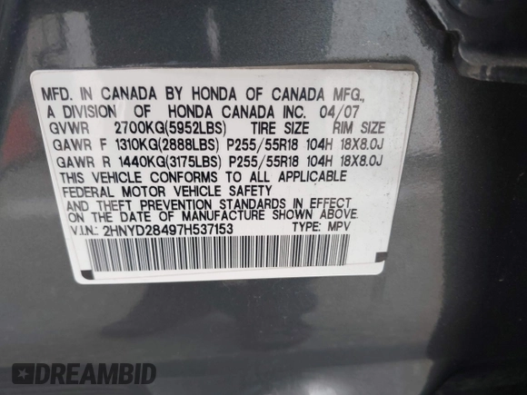 2007 Acura MDX Technology with VIN 2HNYD28497H537153, listed as a IAAI auction lot 42164667 with 168,177 mi miles and . Bid and sale history available at DreamBid. Image 9.