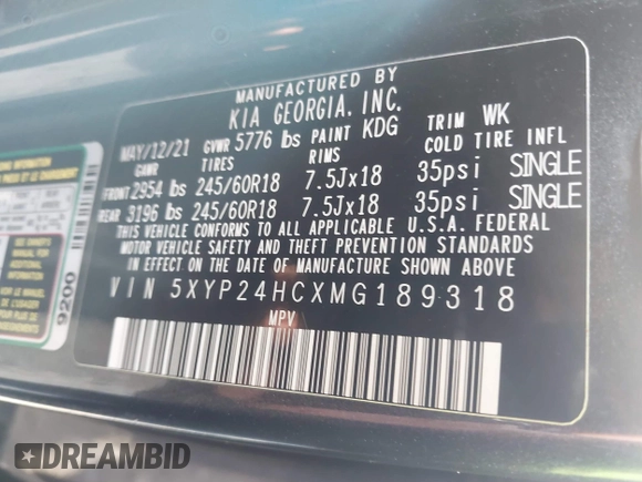 2021 Kia Telluride LX z VIN 5XYP24HCXMG189318, wystawiony jako IAAI lot #41458599 z przebiegiem 102 304 mil mil oraz . Historia ofert i sprzedaży dostępna na DreamBid. Obrazek 9.