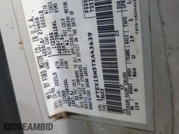 1996 Ford F-150 with VIN 1FTEX15N5TKA43639, listed as a Copart auction lot 62143225 with Not provided miles and Salvage title. Bid and sale history available at DreamBid. Image 12.