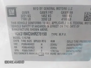 2017 GMC Yukon SLT with VIN 1GKS1BKC9HR278190, listed as a IAAI auction lot 41824213 with 104,323 mi miles. Bid and sale history available at carsss.com. Image 9.