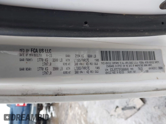 2015 Ram 1500 Tradesman with VIN 3C6JR7DT5FG660649, listed as a IAAI auction lot 41672656 with 156,189 mi miles and . Bid and sale history available at DreamBid. Image 8.