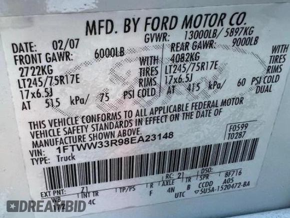 2008 Ford F-350 XL с VIN 1FTWW33R98EA23148, выставлен на аукционе Copart как лот 45011285 с пробегом 252 851 миль миль и Чистый • Clean title. История ставок и продаж доступна на DreamBid. Изображение 10.