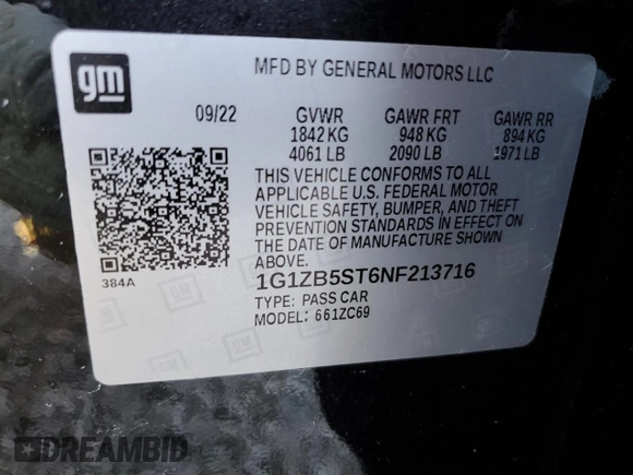 2022 Chevrolet Malibu LS with VIN 1G1ZB5ST6NF213716, listed as a Copart auction lot 47243705 with 46,593 mi miles and Non Repairable. Bid and sale history available at DreamBid. Image 13.