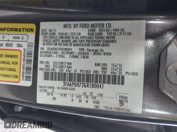 2016 Ford Fusion SE with VIN 3FA6P0H72GR180041, listed as a IAAI auction lot 42408537 with 189,288 mi miles and . Bid and sale history available at DreamBid. Image 9.