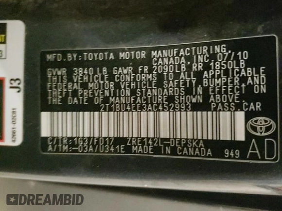 2010 Toyota Corolla with VIN 2T1BU4EE3AC452993, listed as a Copart auction lot 49237525 with 100,167 mi miles and Salvage Title. Bid and sale history available at carsss.com. Image 12.