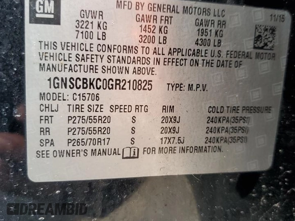 2016 Chevrolet Tahoe LT with VIN 1GNSCBKC0GR210825, listed as a Copart auction lot 58483815 with 199,945 mi miles and Salvage title. Bid and sale history available at DreamBid. Image 13.